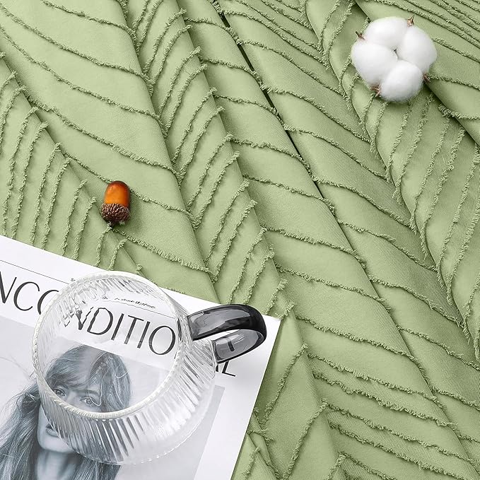 BTTN 78 Inch Long Shower Curtain - 72x78 Tufted Leaves Textured Striped Country Shower Curtain Set with Hooks, Water Repellent, Modern Farmhouse Luxury Hotel Shower Curtains for Bathroom, Sage Green