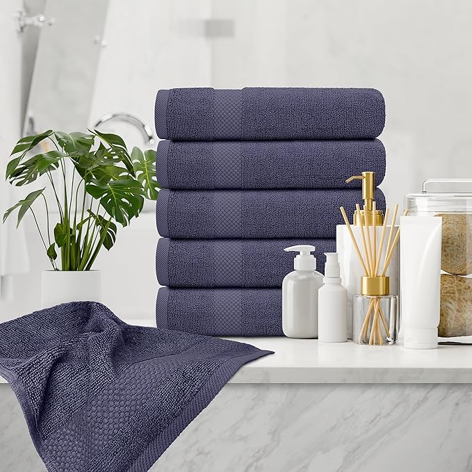 White Classic Luxury Navy Blue Hand Towels - Soft 100% Turkish Cotton | Highly Absorbent Hotel spa Bathroom Towel Collection | 16x30 Inch | Set of 6