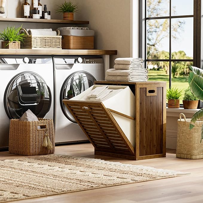 HITNET Bamboo Tilt Out Laundry Hamper, Bathroom Storage Cabinet with Hidden Removable Basket and 3 Sides Cutout Handles, Freestanding Hamper Organizer for Dirty Clothes, Walnut