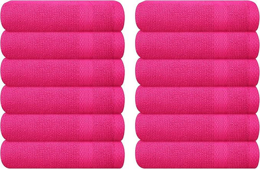 GLAMBURG Ultra Soft 12-Piece Washcloths Set 13x13-100% Ringspun Cotton - Durable & Highly Absorbent Face Towels - Ideal for use in Bathroom, Kitchen, Gym, Spa & General Cleaning - Hot Pink