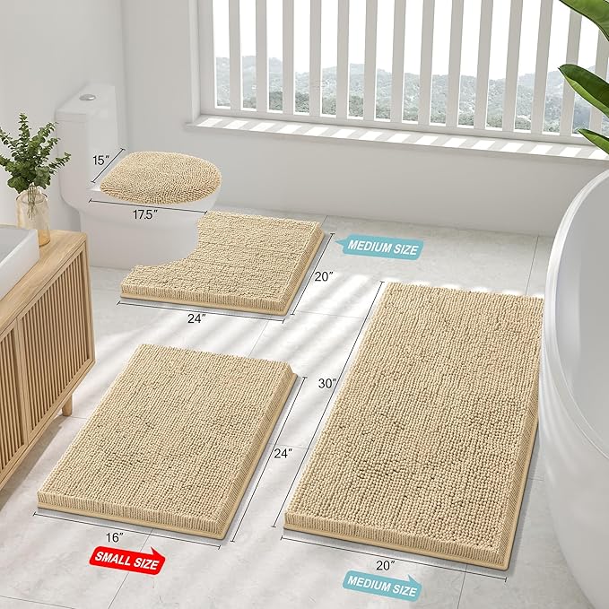 Smiry Luxury Chenille Bathroom Rugs 59x20, Extra Soft and Absorbent Shaggy Bath Mat, Machine Washable, Non-Slip Plush Carpet Runner for Tub, Shower, and Floor, Home Decor Accessories, Beige