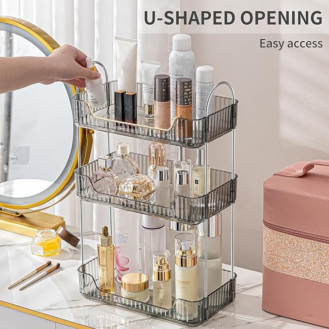 Bathroom Organizer Countertop, Vanity Trays for Skincare Makeup, Counter Organizer for Cosmetics, Toiletries, Lotions, Perfumes (3 Tiers, Grey)