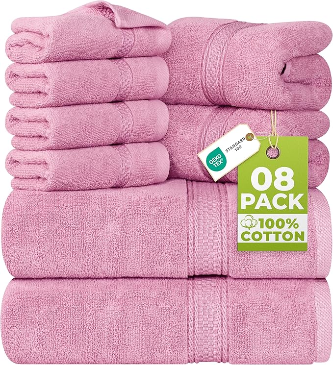 Utopia Towels 8 Piece Luxury Towel Set – Majestic Plush, Super Absorbent & Quicker-to-Dry, Thick 100% Ring Spun Cotton Towels for Bathroom, Spa & Hotel – 2 Bath, 2 Hand, 4 Washcloths, Pink