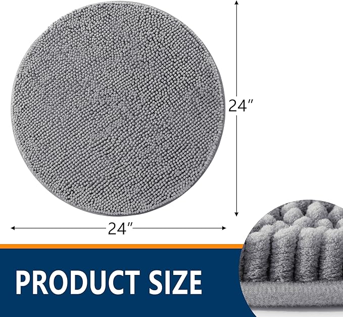 Smiry Luxury Chenille Round 24''x24'', Extra Soft and Absorbent Shaggy Bathroom Mat Rugs, Machine Washable, Non-Slip Plush Carpet for Tub, Shower, and Bath Room, Grey