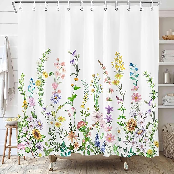 Floral Flower Shower Curtain Pretty Wildflower Bathroom Shower Curtain Set Boho Cute Shower Curtains Cloth Fabric Shower Curtain