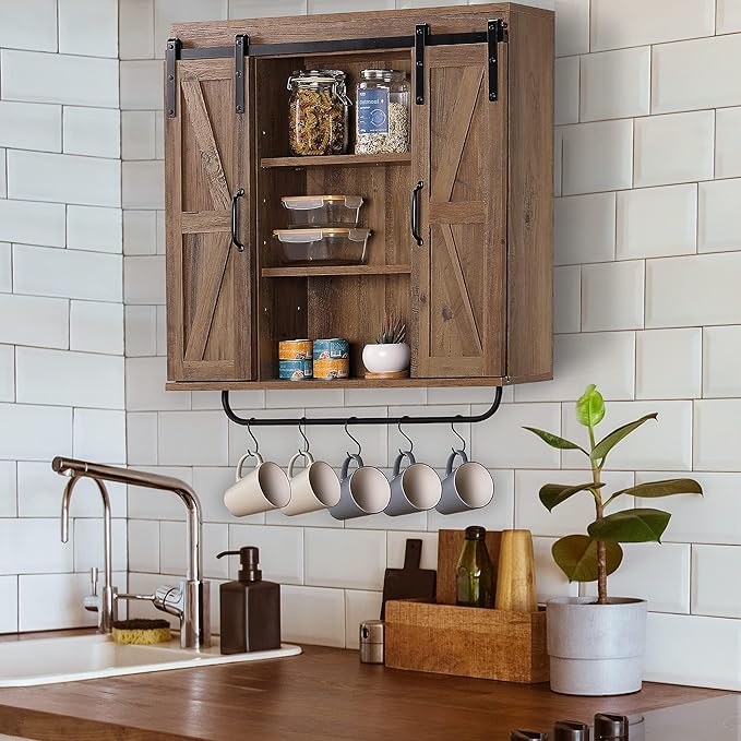 RUSTOWN Rustic Wood Wall Storage Cabinet with Two Sliding Barn Door, 3-Tier Decorative Farmhouse Vintage Cabinet for Kitchen Dining, Bathroom, Living Room, Rustic Oak