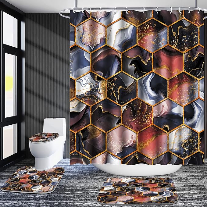 Poedist 4 Pcs Bathroom Shower Curtain Set,Purple Honeycomb Marble Bathroom Sets with Rugs(Bath Mat,U Shape and Toilet Lid Cover Mat) and 12 Durable Hooks