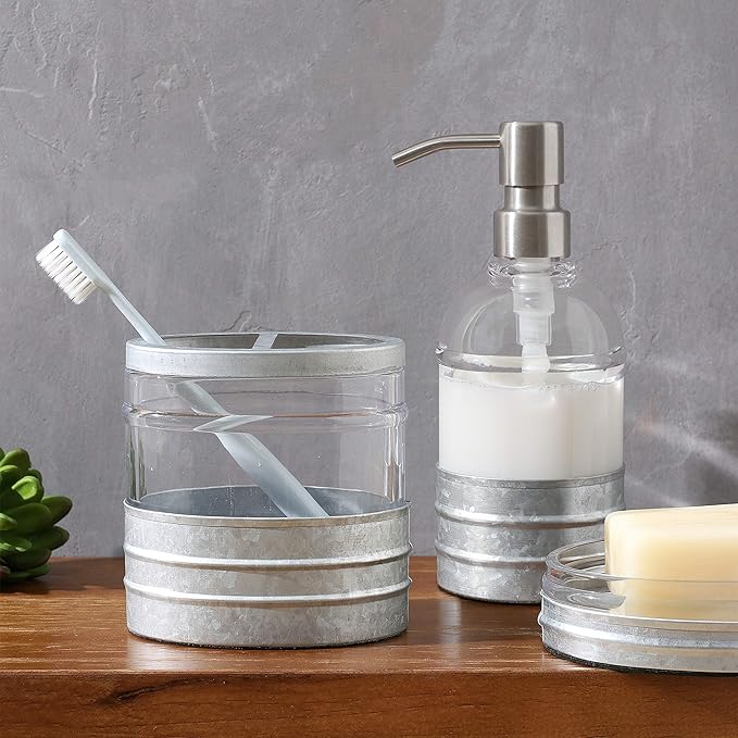 4PCs Heavy Weight Decent Blue Glass Bathroom Accessories Set with Decorative Pressed Pattern - Includes Hand Soap Dispenser & Tumbler & Soap Dish & Toothbrush Holder (Metal)