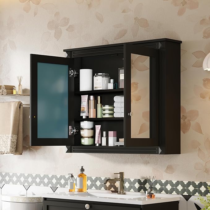 Merax Bathroom Medicine Cabinet with Mirror Door & Adjustable Shelves, 36" x 28" Wall Mounted Bathroom Storage Cabinet with Mirror, Over The Toilet