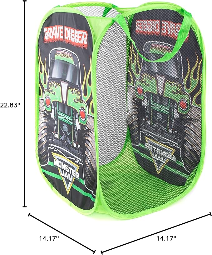 Jay Franco Monster Jam Grave Digger Pop Up Hamper - Mesh Laundry Basket/Bag with Durable Handles