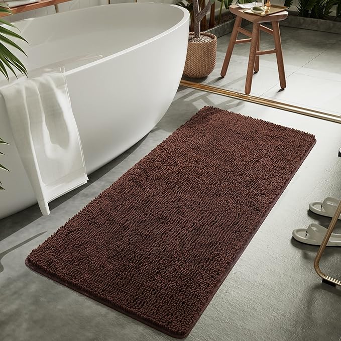 LOCHAS Luxury Bathroom Rug Shaggy Bath Mat 24 x 60 Inch, Washable Non Slip Bath Rugs for Bathroom Shower, Soft Plush Chenille Absorbent Carpets Mats, Brown