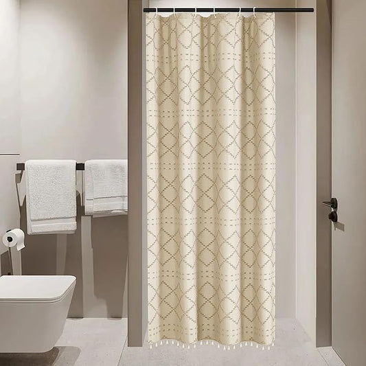 Small Stall Boho Shower Curtain Cream/Beige Tassle Woven Fabric Shower Curtain 36 x 72 Half Size Tufted Chevron Striped Textured Modern Farmhouse Minimalist Cloth for Bathroom