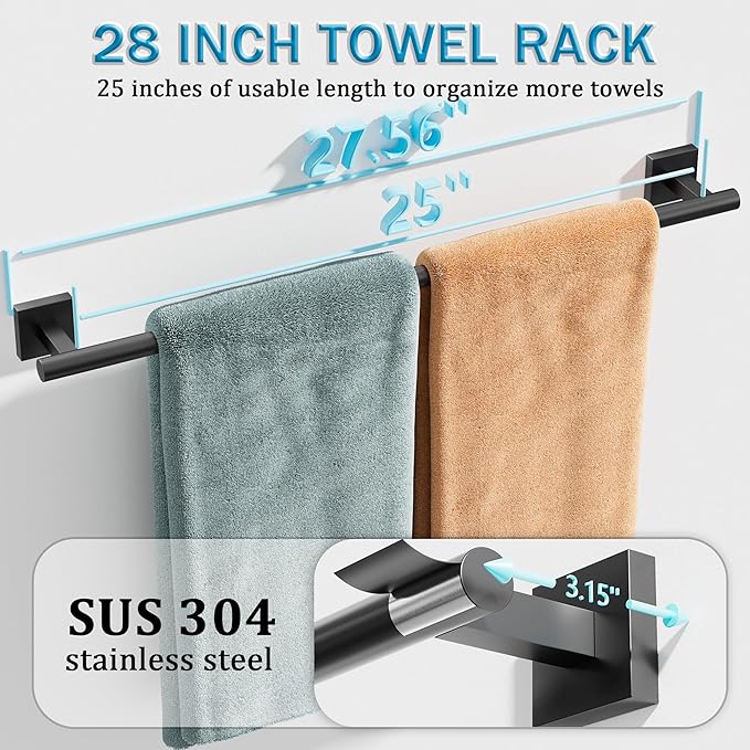 Alise 28 Inch Bathroom Towel Bar, SUS304 Stainless Steel Towel Racks for Bathroom, Towel Rack Wall Mounted Heavy Duty Hand Towel Holder Single Towel Bar, Matte Black