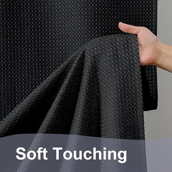 OWENIE Black Waffle Weave Fabric Shower Curtain, Textured Heavy Cloth Shower Curtains for Bathroom, Water Repellent Soft Hotel Spa Luxury Elegant Bath Curtain, Machine Washable, Black, 72x78 Inch