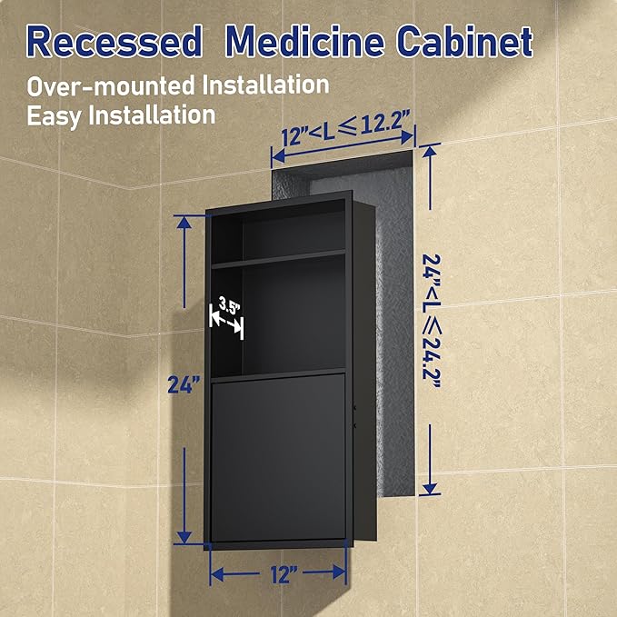 Recessed Medicine Cabinet with Door 24" X 12" Matte Black Wall Medicine Cabinets with 3-Tier Shelf 304 Stainless Steel Niche Shower for Bathroom Storage