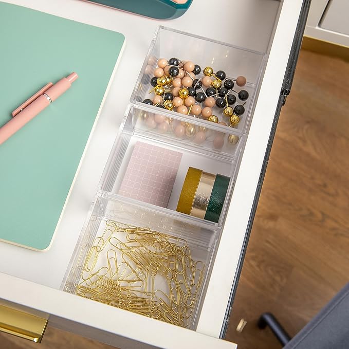 Martha Stewart Brody Desktop Storage Organizer, Stack and Slide Plastic Organizer Tray, Organizer for Office, Kitchen, or Vanity, 3" x 3.75", Clear