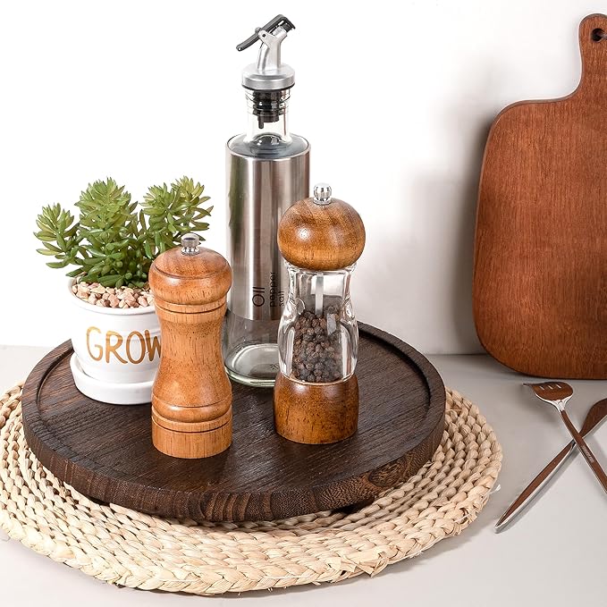 Round Decorative Tray Wood Bathroom Counter Organizer Farmhouse Kitchen Decor Wooden Riser for Soap Dish, Perfume, Candle, Sponge, 11 Inch, Dark Brown