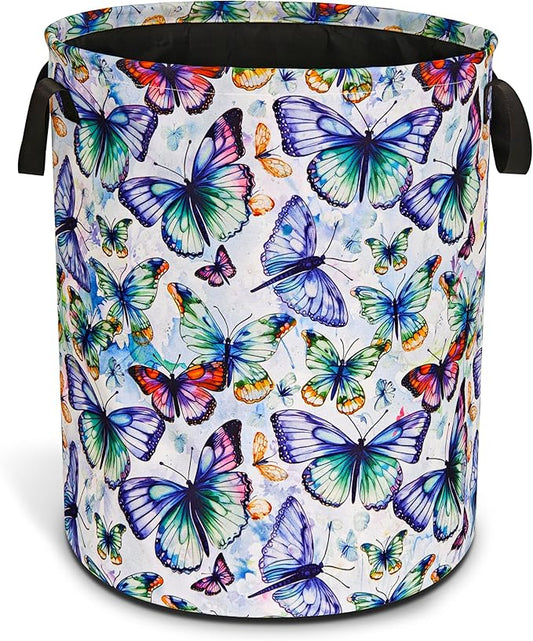 Colorful Butterfly Laundry Basket Funny Foldable Waterproof Oxford Cloth Tote Bag Laundry Hamper Round Large Clothes Storage Bucket Toy Organizer For Bathroom/Laundry Storage/Bedroom 18.9x16.5 Inch