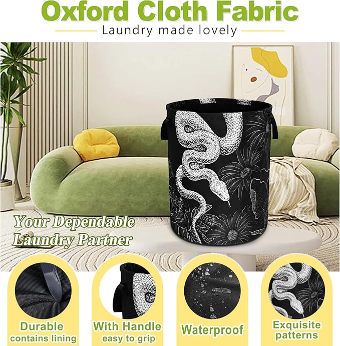 Snake Laundry Basket Floral Prints Funny Foldable Waterproof Oxford Cloth Tote Bag Laundry Hamper Round Large Clothes Storage Bucket Toy Organizer For Bathroom/Laundry Storage/Bedroom 18.9x16.5 Inch