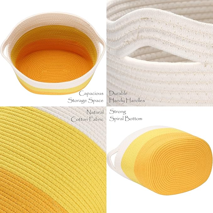 Sea Team Oval Large Cotton Rope Woven Storage Basket with Handles, Diaper Caddy, Baby Shower Basket, Nursery Nappies, Clothes Toys Organizer for Kid's Room, 16 x 13 inches, White & Yellow