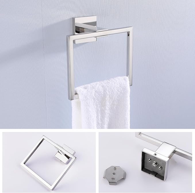 LANC Hand Towel Holder for Bathroom Wall Mount Chrome Silver 2-Piece Square Hand Towel Rings for Bath Kitchen Toilet SUS304 Stainless Steel Contemporary Style Shower Towel Towel Rack, A8896CP-P2