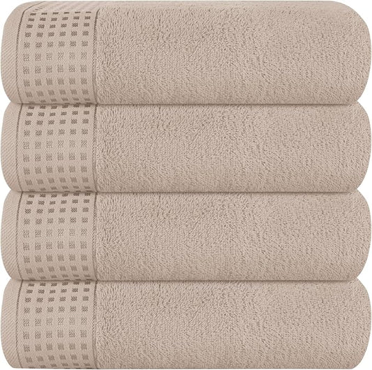 GLAMBURG Ultra Soft 4 Pack Oversized Bath Towel Set 27x54 inches, 100% Cotton Bath Towels, Highly Absorbant Compact Quickdry & Lightweight Towel, Ideal for Gym Travel Camp Pool - Tan