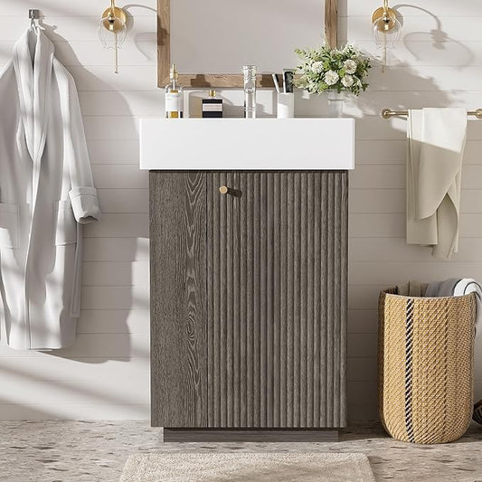 Virubi 21.6" Small Fluted Bathroom Vanity with Sink,Soft Closing Doors and Storage Shelves,Natural Wood Single Bathroom Sink Cabinet Combo Freestanding,Dark Grey