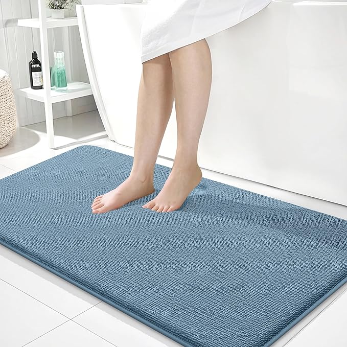 OLANLY Thick Memory Foam Bath Mat Rug 45x27, Extra Soft Absorbent Bathroom Rug, Quick Dry Bath Mats, Non-Slip, Machine Washable Carpet for Bathroom, Tub and Shower, Home Decor Accessories, Airy Blue