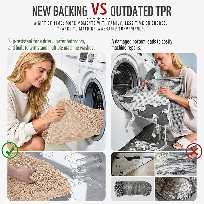 Yimobra Bathroom Runner Rug 60x24 Inch - Extra Long Non Slip Chenille Bath Mat, Soft & Absorbent, Machine Washable Shaggy Hallway Carpet for Vanity Tub Shower, Light Brown Home Decor Accessories