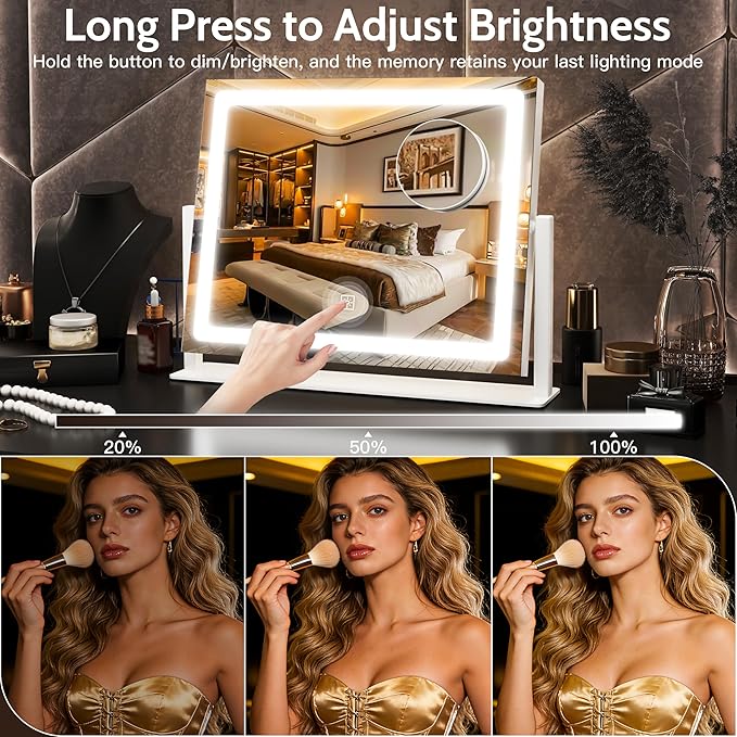 12" x16" Vanity Mirror with Lights, LED Makeup Mirror with Lights,10X Magnification Mirror with 360°Rotation, 3 Color Modes＆ Dimmable, LED Mirror for Desk, Travel, White