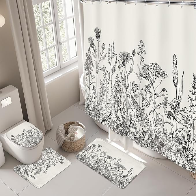 Riyidecor Black Grey Floral Wildflower 4Pcs Bathroom Shower Curtain Sets Botanical Rustic Leaves Bathroom Decor Set with Rugs and Accessories Vintage Toilet Lid Rug, Contour and Bath Mat with 12 Hooks