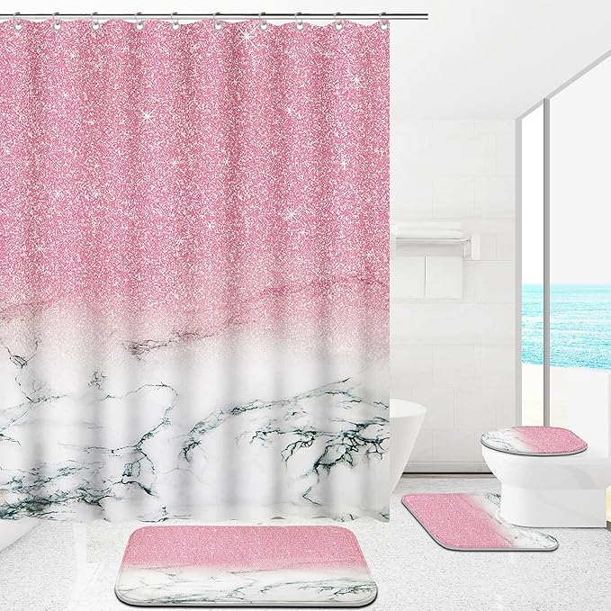 4 Piece Bathroom Shower Curtain Set with Rugs, Pink Marble Shower Curtain Sets with 12 Hooks, Non Slip Bath Mat, U-Shaped Floor Mat and Toilet Lid Oval Rug for Bathroom Set Decor