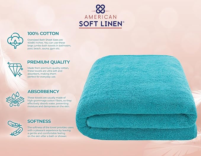 American Soft Linen 100% Cotton 600 GSM Turkish 40x80 Oversized Bath Towel Sheet, Extra Large Adult Towels for Bathroom, Aqua Blue Bath Sheet