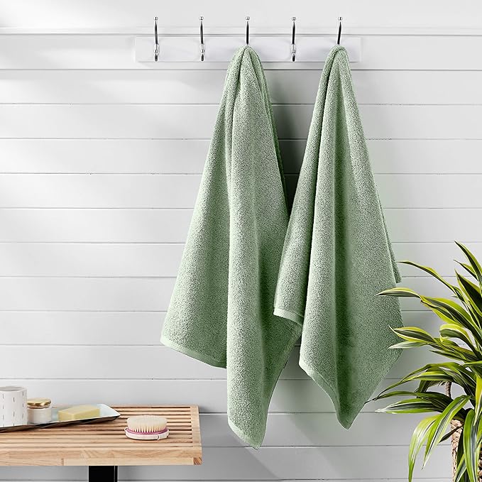 Amazon Basics Quick-Dry Lightweight Moisture Absorbing Bath Towel,100% Cotton,54" x 30",Seafoam Green,2 Count (Pack of 12)