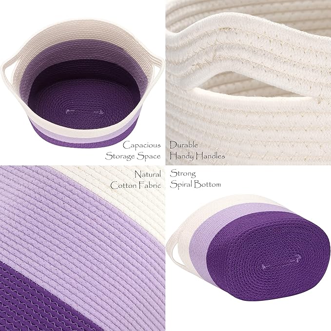 Sea Team Oval Large Cotton Rope Woven Storage Basket with Handles, Diaper Caddy, Baby Shower Basket, Nursery Nappies, Clothes Toys Organizer for Kid's Room, 16 x 13 inches, White & Lavender