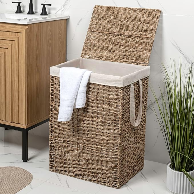 happimess BSK2016A Reed Coastal Bohemian Handwoven Seagrass Laundry Hamper 85L (22.5 Gallon) with Lid and Removable Liner, Seagrass Containers for Decoration in Living Room, Natural