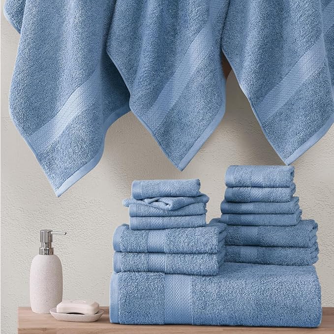 LANE LINEN 100% Cotton Premium Bathroom Towels Set - 6 Pieces - Ring Spun, Quick Dry, Super Soft & Highly Absorbent - 2 Bath, 2 Washcloths, 2 Hand Towels for Bathroom - Pre Shrunk - Cerulean Blue