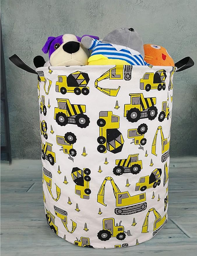 KUNRO Round Laundry Gift Basket Storage Hamper, Clothes Storage Organizer Bins, Shelf Basket with Handles for Room Decor (Excavator)