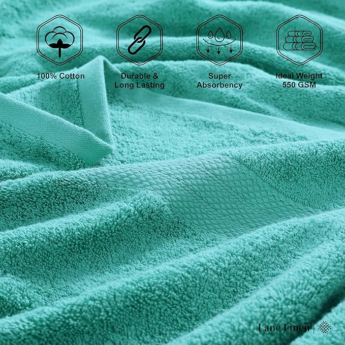 Lane Linen 100% Mercerized Cotton Luxury Bathroom Towel Set - 6 Pc - Quick Dry, Very Soft, Fluffy & Highly Absorbent - 2 Large Bath Towels, 2 Washcloths, 2 Hand Towel - Pet Friendly, Pre Shrunk - Teal