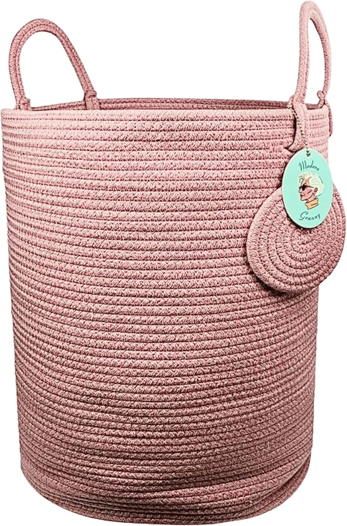 Modern Granny Large Cotton Rope Laundry Hamper 15x20 Inch Dual Secure Woven Handle for Living Room Closet Clothes Blanket Organization