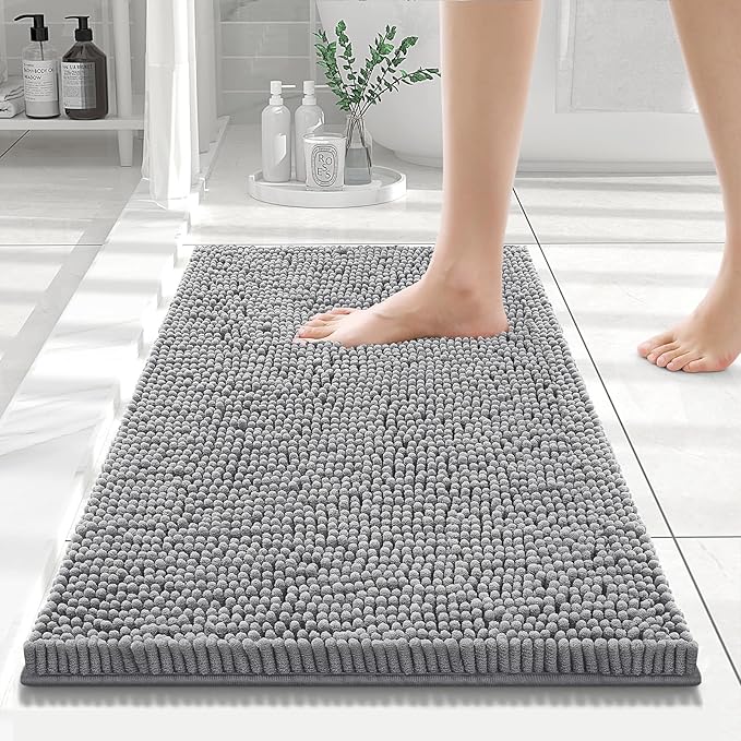 Smiry Luxury Chenille Bathroom Rugs 24x16, Extra Soft and Absorbent Shaggy Bath Mat, Machine Washable, Non-Slip Plush Carpet Runner for Tub, Shower, and Floor, Home Decor Accessories, Grey