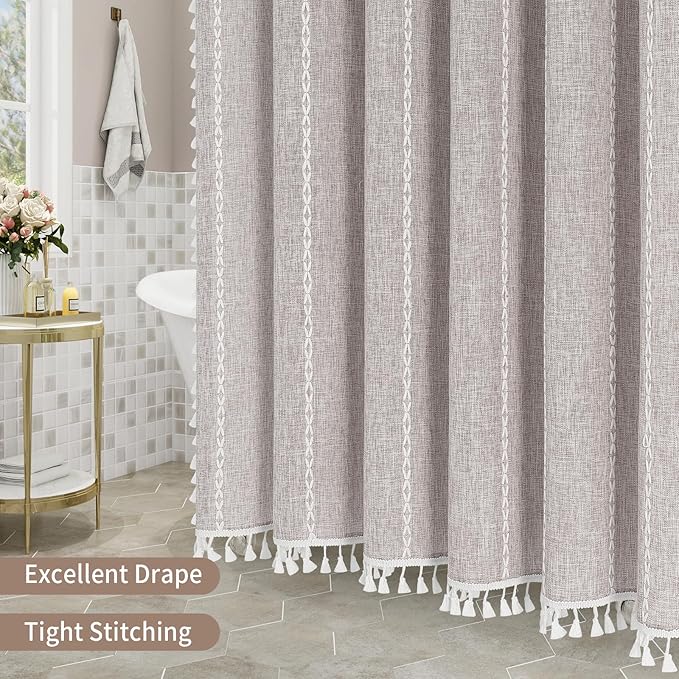MitoVilla Boho Extra Long Shower Curtain 72 x 96, Taupe Grey Modern Farmhouse 96 inch XL Polyester Linen Texture Tassel Fabric Shower Curtain Set with Hooks for Cottagecore Country Bathroom Decor