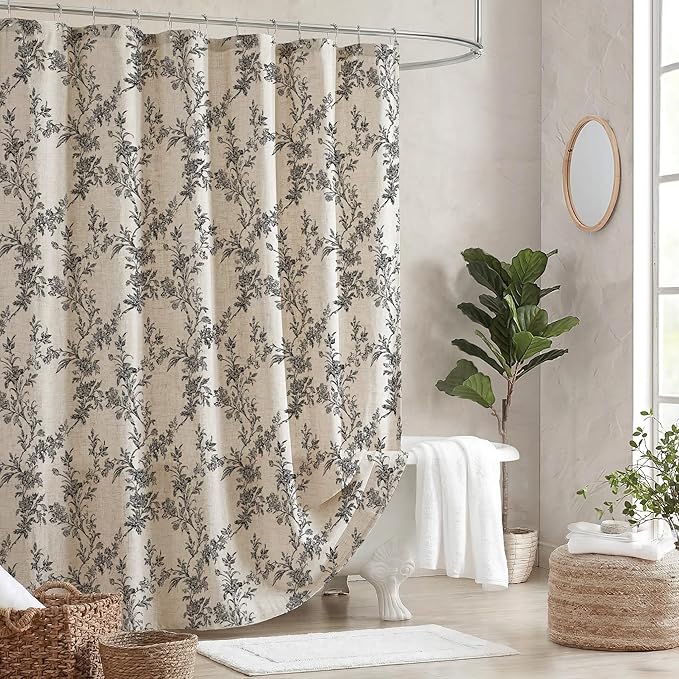 Black Floral Shower Curtain Beige Linen Shower Curtain Boho Farmhouse Shower Curtains for Bathroom Rustic Country Vintage Shower Curtains 72x72 inches