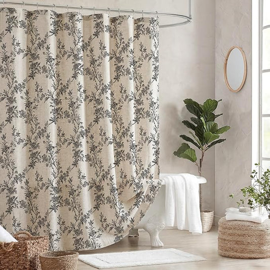 Black Floral Shower Curtain Beige Linen Shower Curtain Boho Farmhouse Shower Curtains for Bathroom Rustic Country Vintage Shower Curtains 72x72 inches