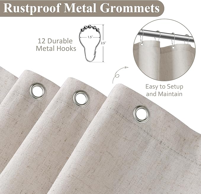 Naturoom Oatmeal Linen Shower Curtain, Cloth Textured Fabric Shower Curtain Set with Hooks, Simple Elegant Modern Farmhouse Country Ultra Thick Bath Curtains for Bathroom,Water Repellent,60x72
