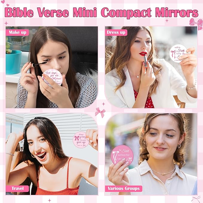 Y1tvei Bow Bible Compact Mirrors - 36Pcs Bowtie White Pink Bible Verse Mini Compact Mirrors, Bow Knot Small Portable Round Pocket Mirror Christian Inspirational Church Party Favors Gifts for Women