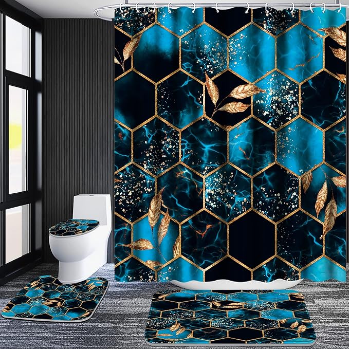 Poedist 4 Pcs Bathroom Shower Curtain Set,Peak Blue Honeycomb Marble Bathroom Sets with Rugs(Bath Mat,U Shape and Toilet Lid Cover Mat) and 12 Hooks