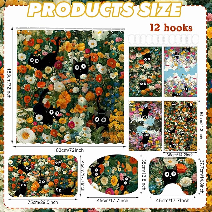 Tatuo 8 Pcs Spring Wildflower Shower Curtain Sets for Bathroom Retro Floral Bathroom Accessories Cute Black Cat Lover Gifts Shower Curtain Sets with Towels Carpet Bath Mat Toilet Rugs and 12 Hooks