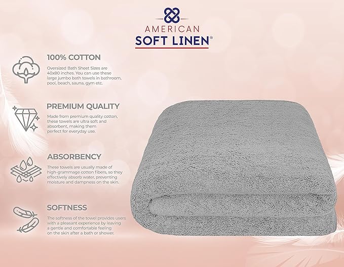 American Soft Linen 100% Cotton 600 GSM Turkish 40x80 Oversized Bath Towel Sheet, Extra Large Adult Towels for Bathroom, Light Grey Bath Sheet