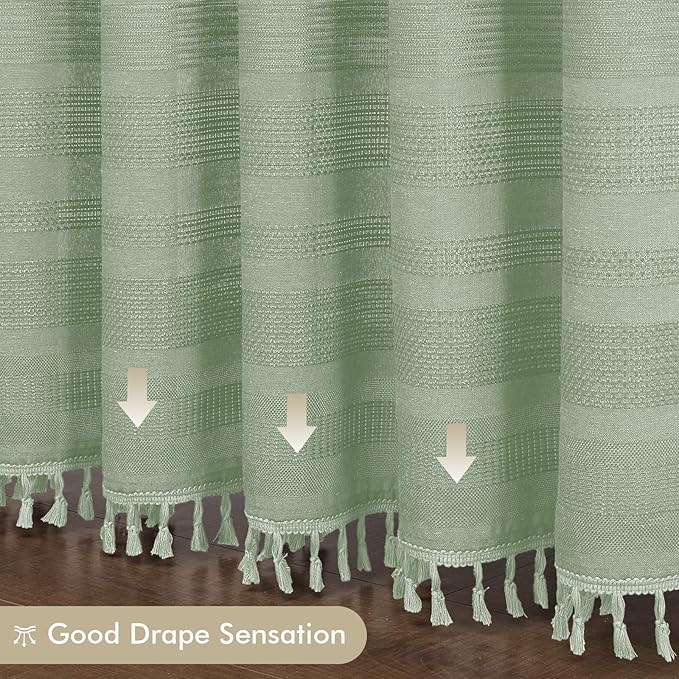 OVZME Light Green Shower Curtain 78 Inch Long, Boho Thick Linen Textured Shower Curtain with Tassel, Farmhouse Minimalist Striped Weighted Machine Washable Bathroom Decor, 72Wx78L Inches